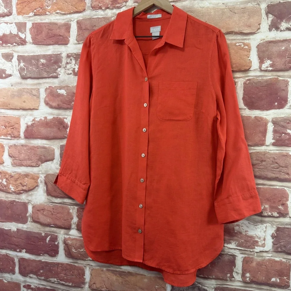 Chicos Top Women's 8 Orange 100% Linen Casual Career Capsule Button Up Shirt - Picture 3 of 10
